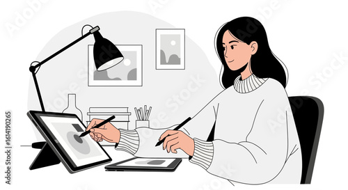 Digital Artist Creates Artwork On Tablet Device From Home Studio Setting