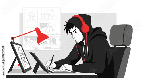 Digital Artist Creating Graphic Novel Scenes With Headphones And Tablet
