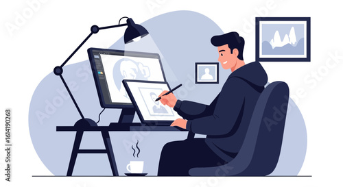 Digital Artist Creating Artwork On Tablet In Studio With Computer And Coffee