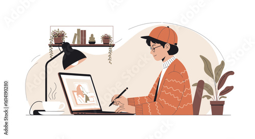 Digital Artist Working On A Laptop In Cozy Home Studio Illustration