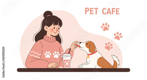 Cozy Pet Cafe Scene Featuring Woman And Her Adorable Dog Enjoying Quality Time