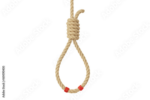 Tightly bound hanging noose with red markings isolated on transparent background, symbolizing despair and suicide