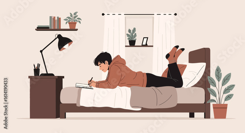 Cozy Study: Young Man Writing In Bed At Home In Relaxed Environment