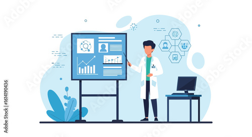Doctor Presenting Data Analysis At A Conference Or Medical Meeting Display