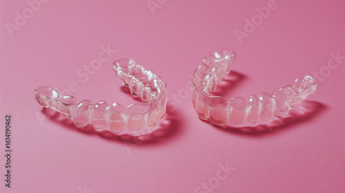 Flat lay of two transparent dental aligners placed on a pastel pink background — ideal for showcasing modern orthodontic solutions and post-braces care.

