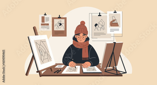 Cozy Winter Artist Creating Artworks In Studio With Creative Inspiration Displayed