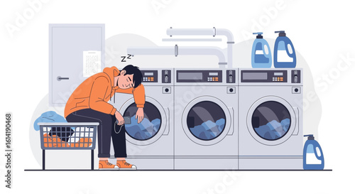 Dozing Man At The Laundromat Next Washing Machine Holding A Smartphone