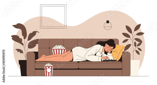 Dozing Woman Lying On Sofa With Snack And Laptop For Relaxing Time