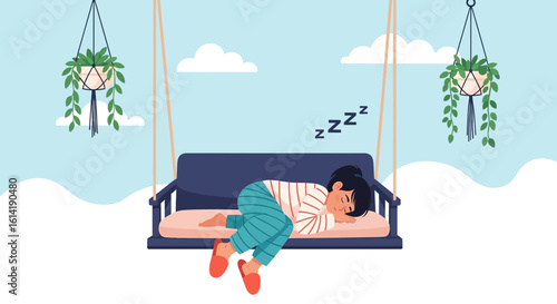 Dreamy Afternoon Scene Depicting Relaxing Girl Sleeping on a Swing Couch