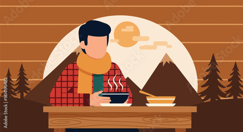 Cozy Winter Day Enjoying Hot Soup In Nature Landscape Illustration