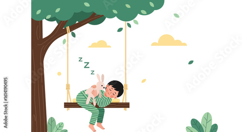 Dreamy Nap Underneath The Tree A Boy Asleep On A Swing With Rabbit