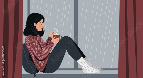 Cozy Woman Enjoying Hot Beverage On Rainy Day At Home By The Window