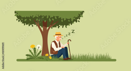Elderly Man Napping Under Tree On Grass In Summer Cartoon Illustration