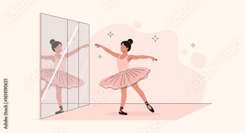 Elegant Ballerina Practicing Ballet Poses Before a Mirror In The Dance Studio