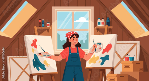 Creative Artist At Work In Her Studio Painting Colorful Artworks