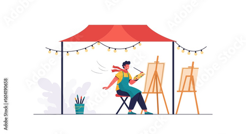 Creative Artist Creating Masterpiece At Outdoor Exhibition Under Festive Lighting