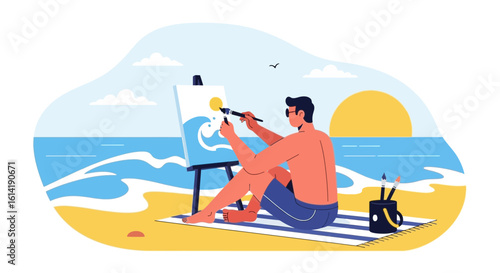 Creative Artist Capturing Beachside Beauty On Canvas During Summer Holiday Vacation