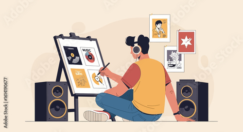 Creative Artist Designing Music Album Covers With Headphones And Loudspeakers