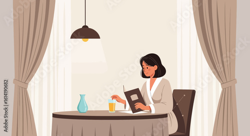 Elegant Breakfast Read Woman Enjoying Fresh Juice In Chic Hotel Room