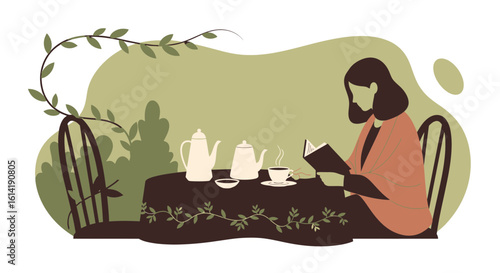 Elegant Lady Enjoying Tea While Reading Outdoors In A Peaceful Garden