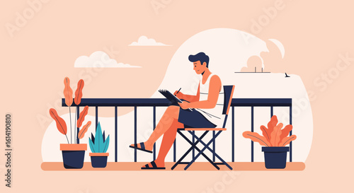 Creative Balcony Scene Of Man Drawing Plants With Serene City View