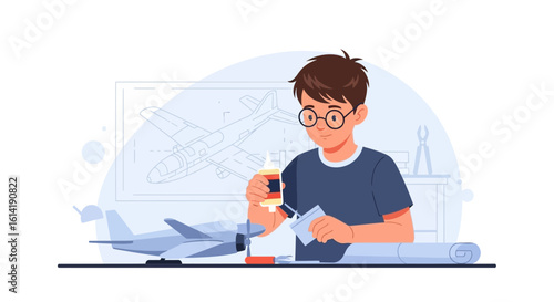 Creative Boy Constructs His Dream Airplane Model At A Hobby Table Indoors