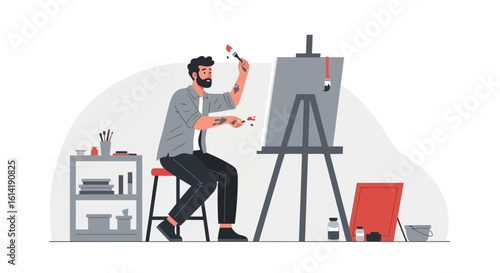 Creative Bearded Man Painting On Canvas In Art Studio With Easel And Supplies