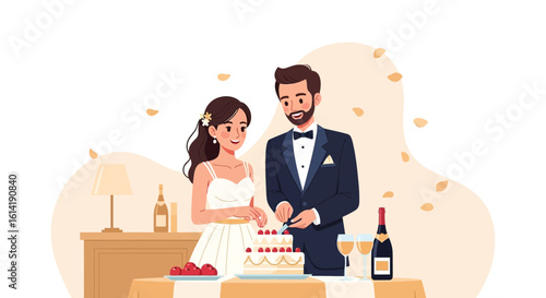 Elegant Wedding Celebration A Couple Cutting The Cake Together Illustration