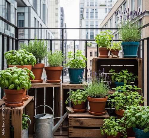 A small urban balcony filled with pots of fresh herbs basil, rosemary, mint, and lavender. Wooden crates, watering can, and a view of the city skyline in the background.