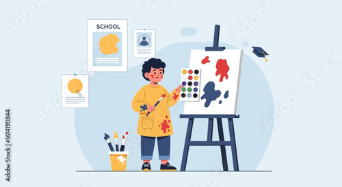 Creative Boy Expressing Himself Through Painting on Canvas in Art Class