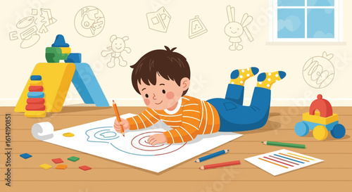 Creative Boy Drawing On The Floor Surrounded By Toys And Artistic Inspirations