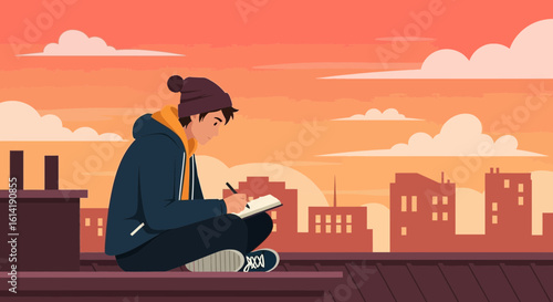Creative Boy Journaling On The Building Rooftop During Golden Hour Time