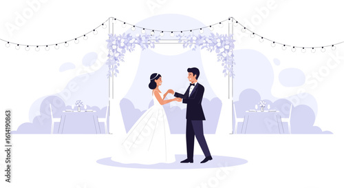 Elegant Wedding Dance Of A Newlyweds Couple At A Decorated Reception Hall