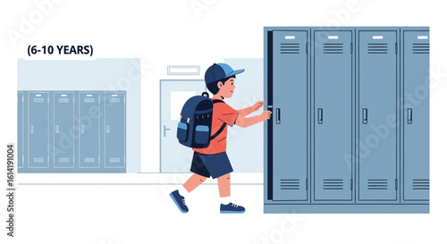 Elementary School Boy Opens His Locker Before Or After Lessons