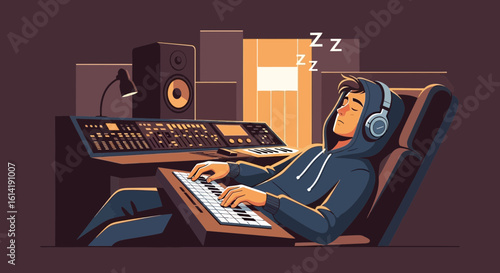 Creative Exhaustion Composer Taking a Nap in Music Studio Wearing Headphones