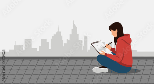 Creative Girl Sketching Skyline on Rooftop Inspiration in Urban Setting