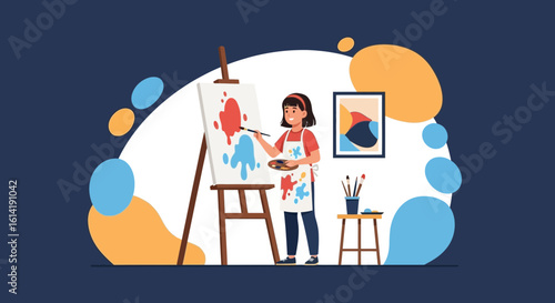 Creative Girl Painting Colorful Abstract Art on Canvas in a Studio Setting