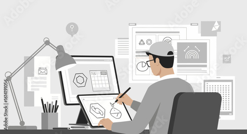 Creative Graphic Designer Working Digitally On Computer At Home Illustration