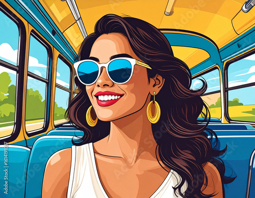 Attractive Woman With Sun Glasses In A Bus, Retro Pop Art Style. 