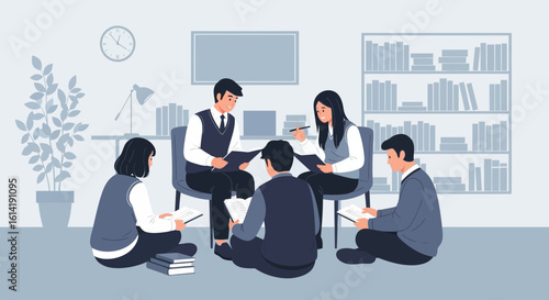 Engaged Students Study Together In A Classroom Setting For Test Preparation