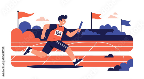 Energetic Relay Race Runner Striving For Victory In Flat Vector Illustration