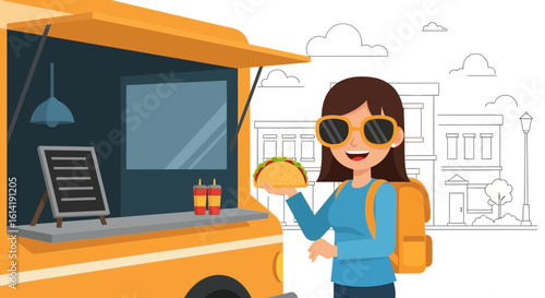 Enjoying Delicious Taco Meal From Food Truck In Urban City Location Scene