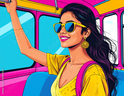 Attractive Woman With Sun Glasses In A Bus, Retro Pop Art Style. 