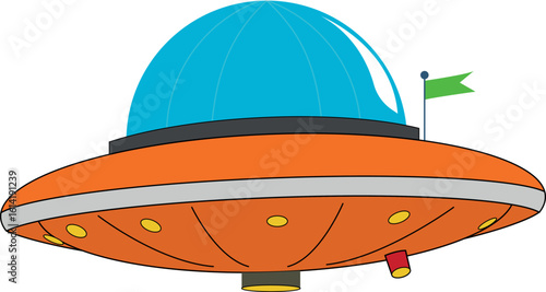 Orange spaceship, UFO, alien vector spaceship isolated on transparent background. Illustration, cartoon for kids. Close up of flying saucer, Alien abduction concept.