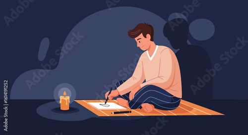 Creative Solitude Young Man Drawing in The Dark with Candle Light