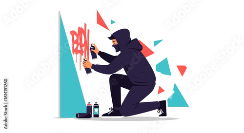 Creative Street Artist Spraying Graffiti On A Wall With Artistic Geometric Shapes
