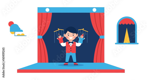 Creative Stagehand Performing Puppet Show With Playful Puppets On Cartoon Stage
