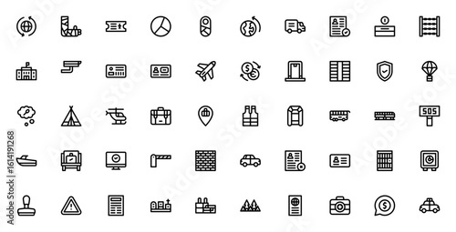 Immigration vector icon set. Minimal line icons pack featuring worldwide, visa, passport, border, embassy, security, police, plane, truck, and more. Editable stroke design.
