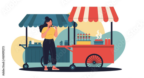 Enjoying Street Delights Young Woman Eats Food from Street Food Cart