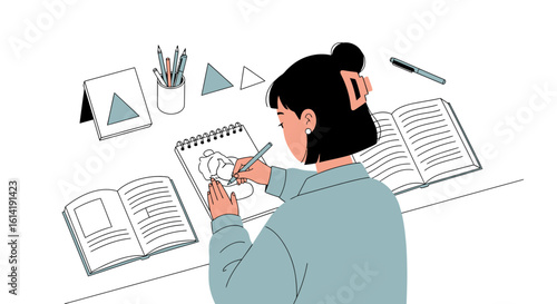 Creative Woman Drawing A Sketch At Home Surrounded By Books And Pencils